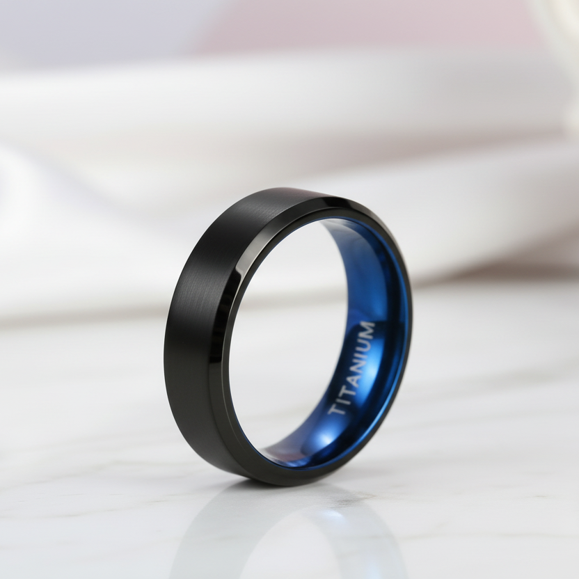 Men's 6mm Brushed Black & Blue Titanium Wedding Band-Black Diamonds New York