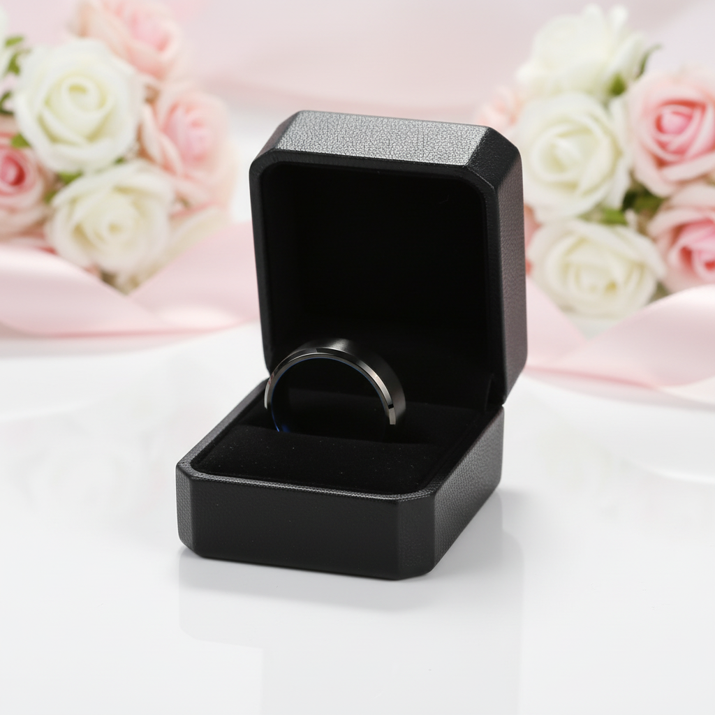 Men's 6mm Brushed Black & Blue Titanium Wedding Band-Black Diamonds New York