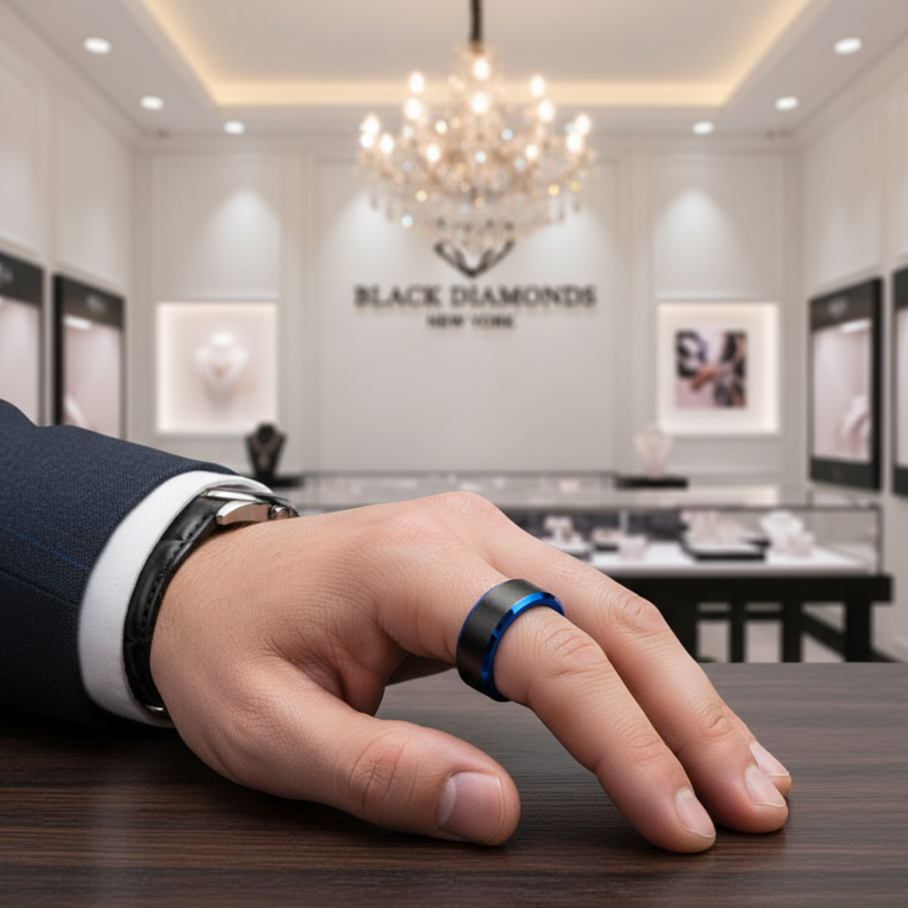 Men's 6mm Brushed Black & Blue Titanium Wedding Band-Black Diamonds New York