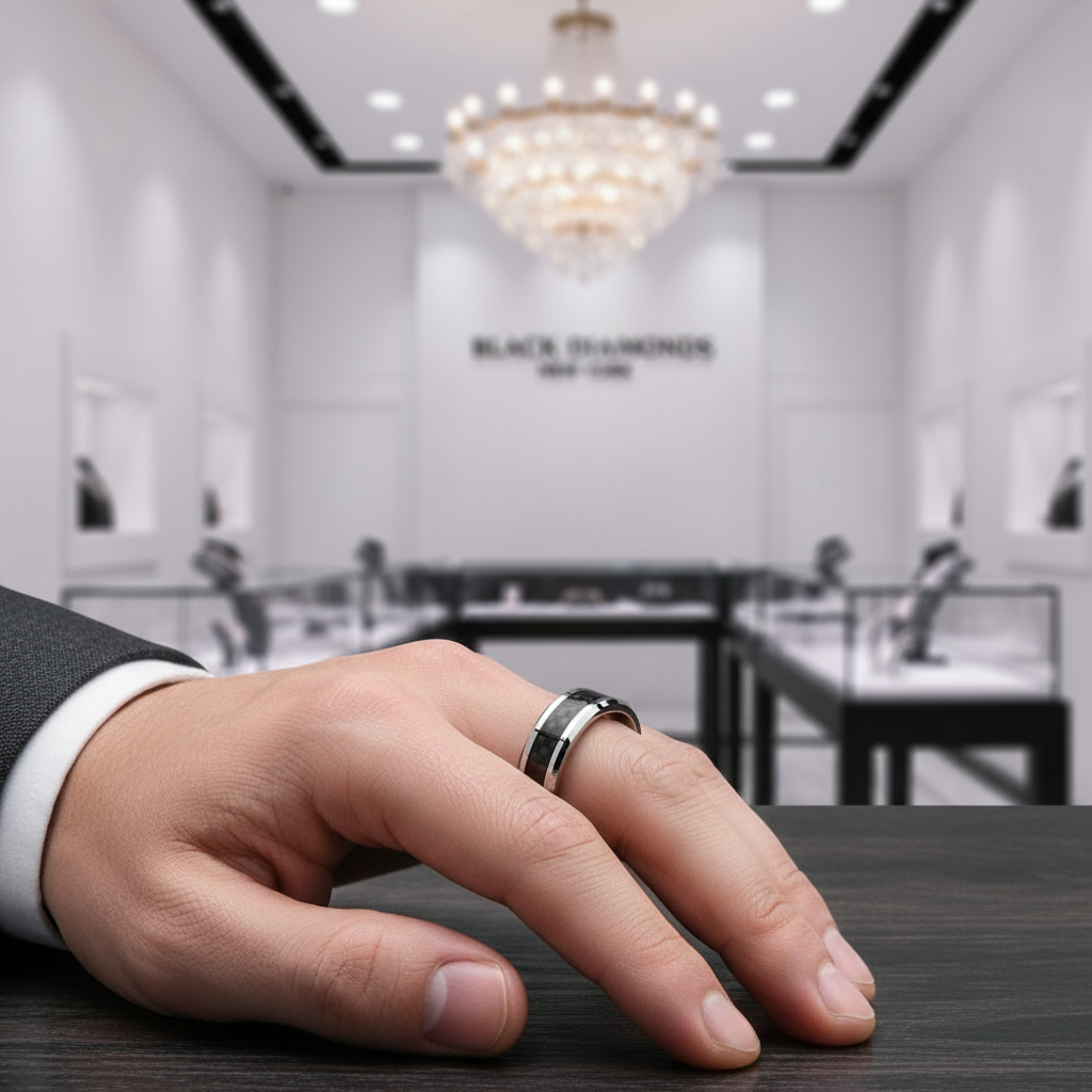 Men's 6mm Tungsten Carbide Wedding Band with Carbon Fiber Inlay-Black Diamonds New York