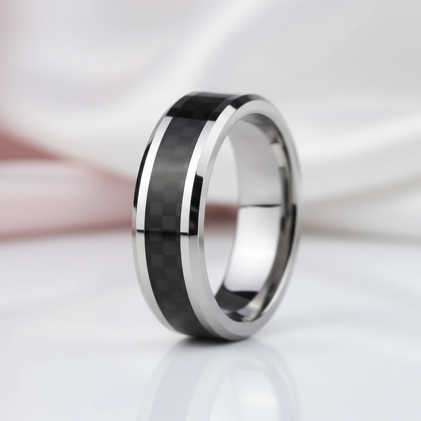 Men's 6mm Tungsten Carbide Wedding Band with Carbon Fiber Inlay-Black Diamonds New York