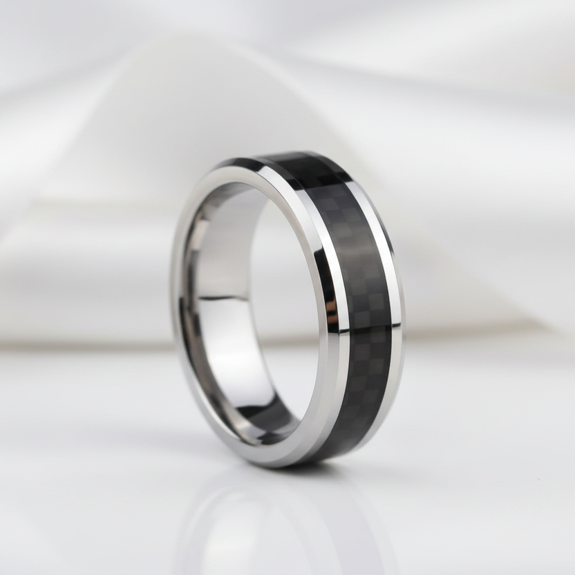 Men's 6mm Tungsten Carbide Wedding Band with Carbon Fiber Inlay-Black Diamonds New York
