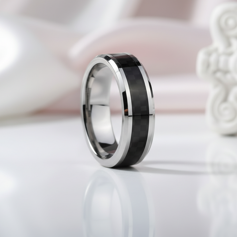 Men's 6mm Tungsten Carbide Wedding Band with Carbon Fiber Inlay-Black Diamonds New York