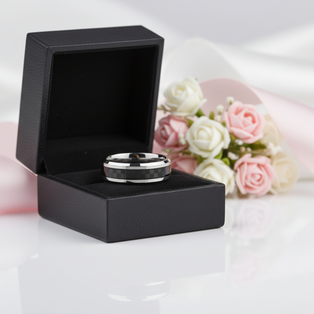 Men's 6mm Tungsten Carbide Wedding Band with Carbon Fiber Inlay-Black Diamonds New York