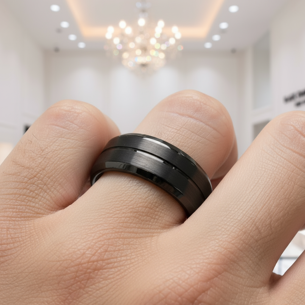 Men's 8mm Black Brushed Titanium Wedding Band-Black Diamonds New York