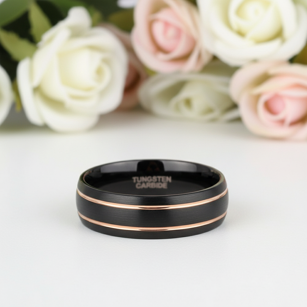 Men's 8mm Black Dome Tungsten Wedding Band-Black Diamonds New York