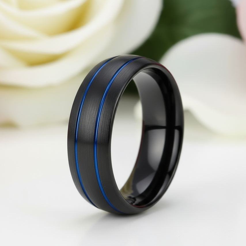 Men's 8mm Black Dome Tungsten Wedding Band-Black Diamonds New York