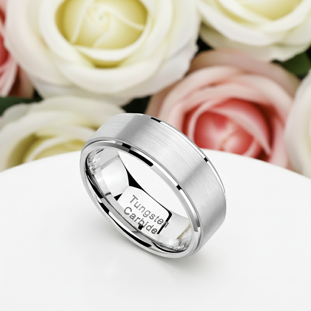 Men's 8mm Silver Tungsten Carbide Wedding Band-Black Diamonds New York