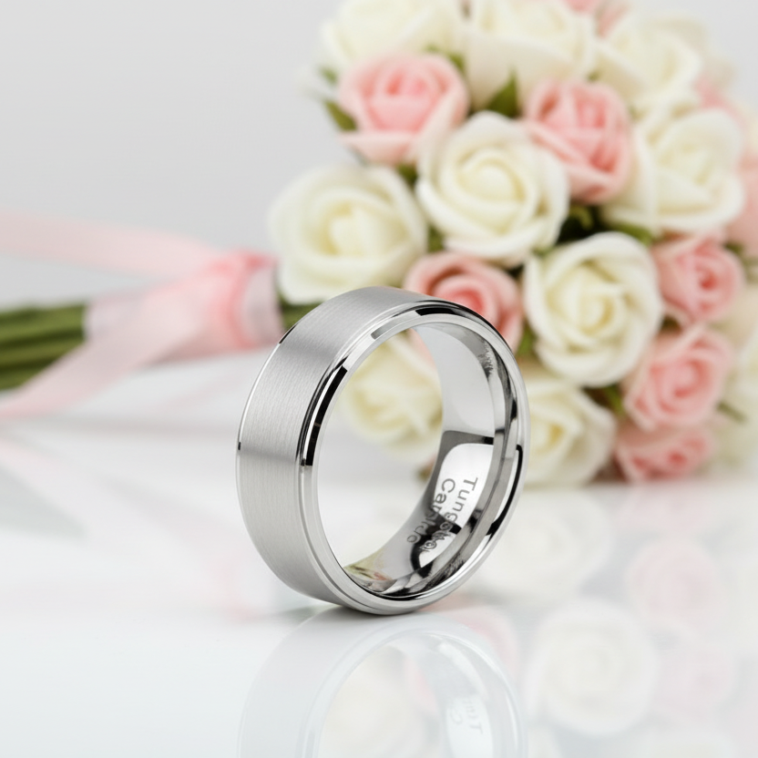 Men's 8mm Silver Tungsten Carbide Wedding Band-Black Diamonds New York