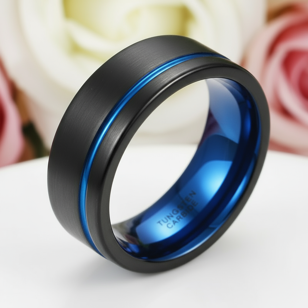 Men's 8mm Tungsten Carbide Wedding Band with Blue Line-Black Diamonds New York