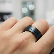 Men's 8mm Tungsten Carbide Wedding Band with Blue Line-Black Diamonds New York