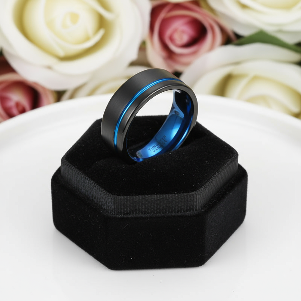 Men's 8mm Tungsten Carbide Wedding Band with Blue Line-Black Diamonds New York