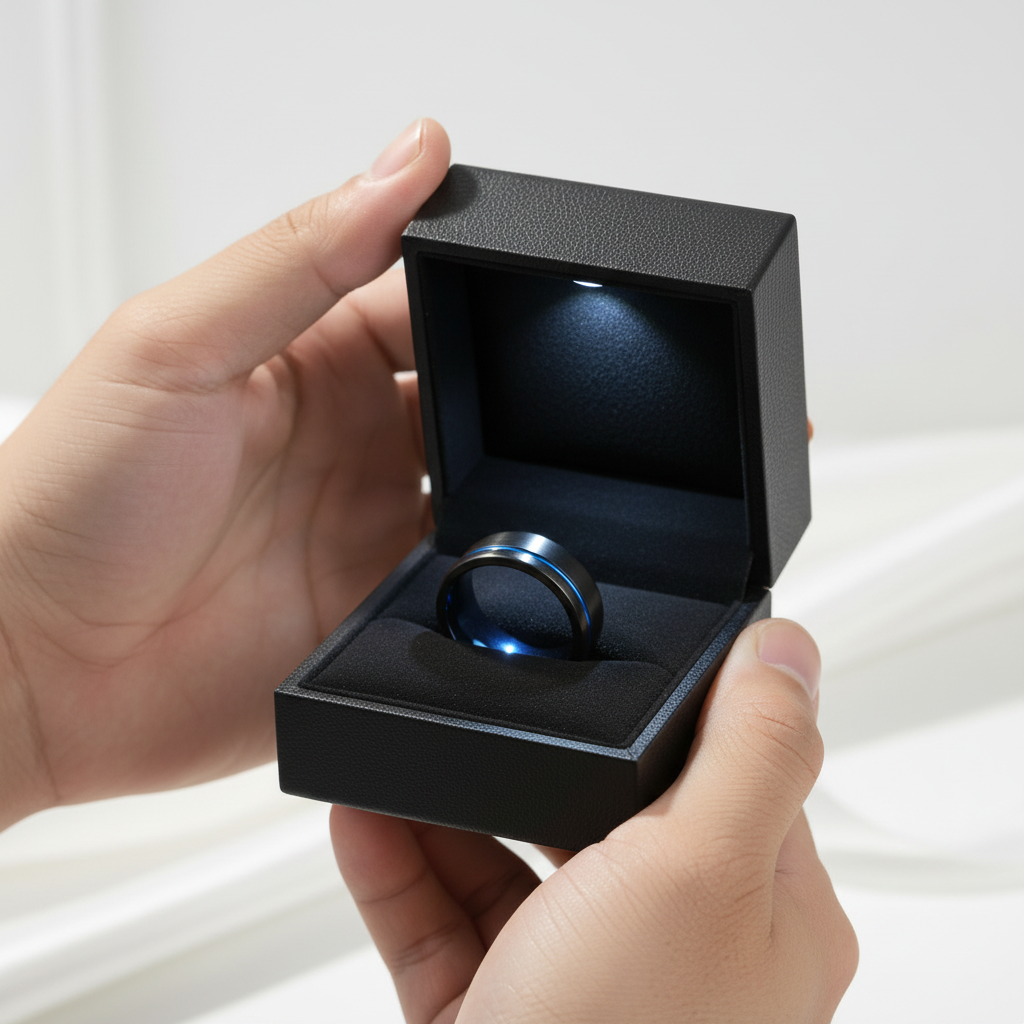 Men's 8mm Tungsten Carbide Wedding Band with Blue Line-Black Diamonds New York