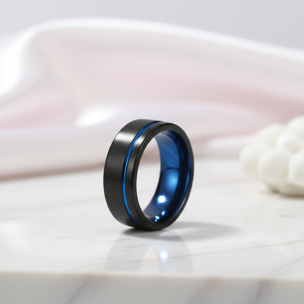 Men's 8mm Tungsten Carbide Wedding Band with Blue Line-Black Diamonds New York