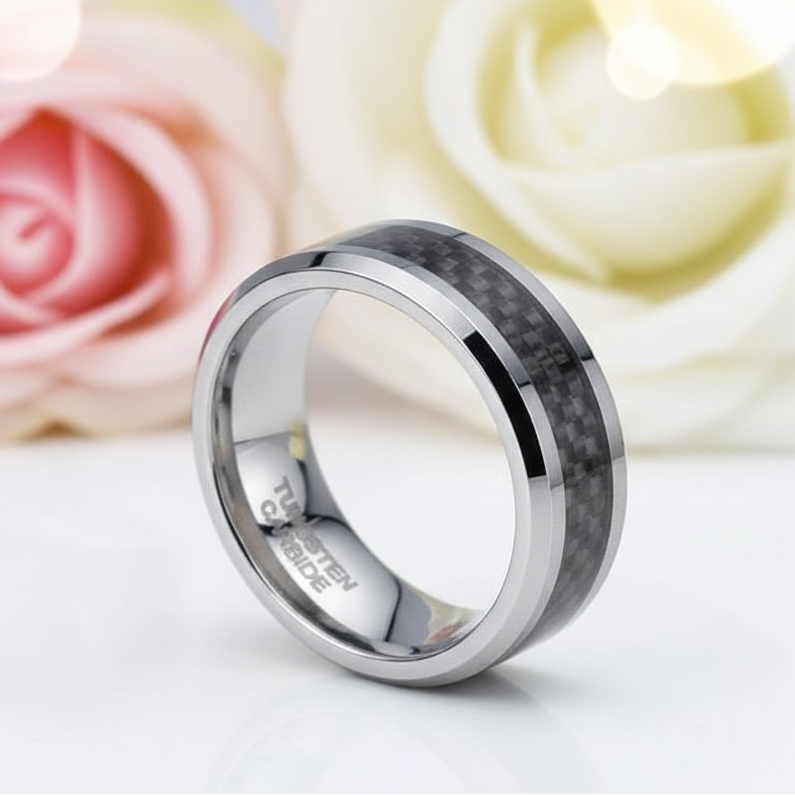 Men's 8mm Tungsten Carbide Wedding Band with Fiber Inlay-Black Diamonds New York