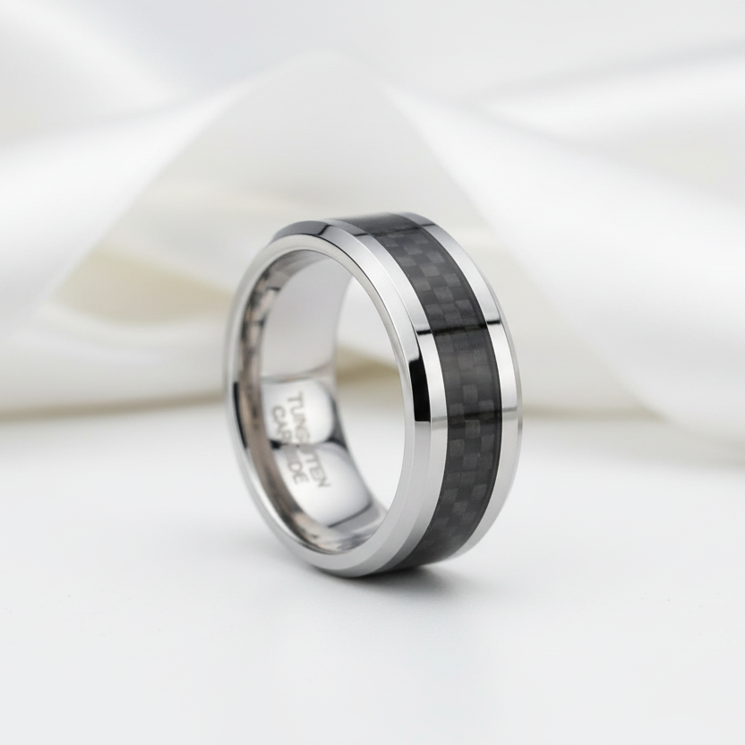 Men's 8mm Tungsten Carbide Wedding Band with Fiber Inlay-Black Diamonds New York