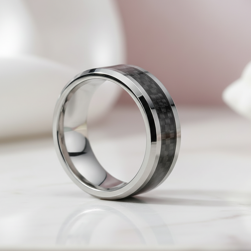 Men's 8mm Tungsten Carbide Wedding Band with Fiber Inlay-Black Diamonds New York
