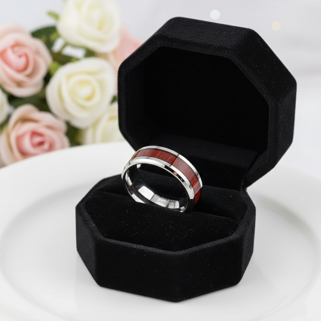 Men's 8mm Wooden Tungsten Wedding Band-Black Diamonds New York