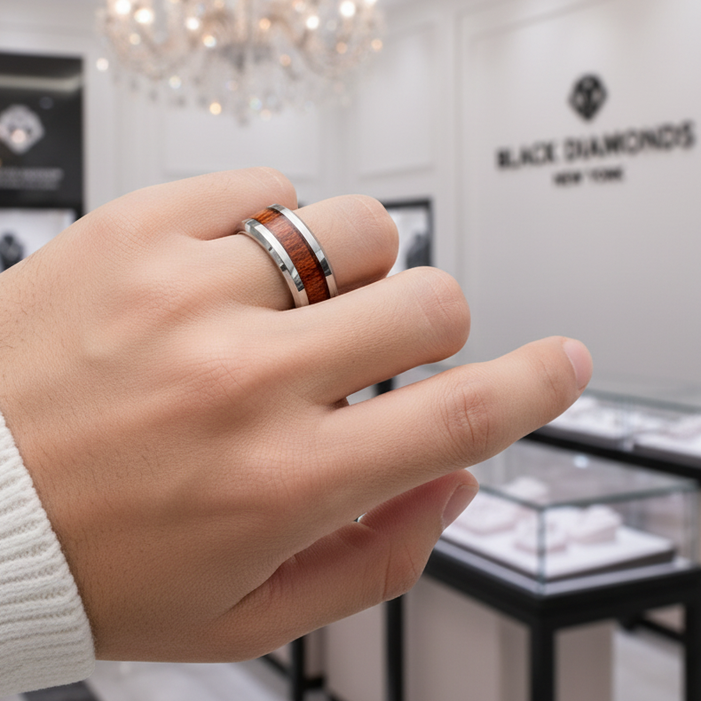 Men's 8mm Wooden Tungsten Wedding Band-Black Diamonds New York