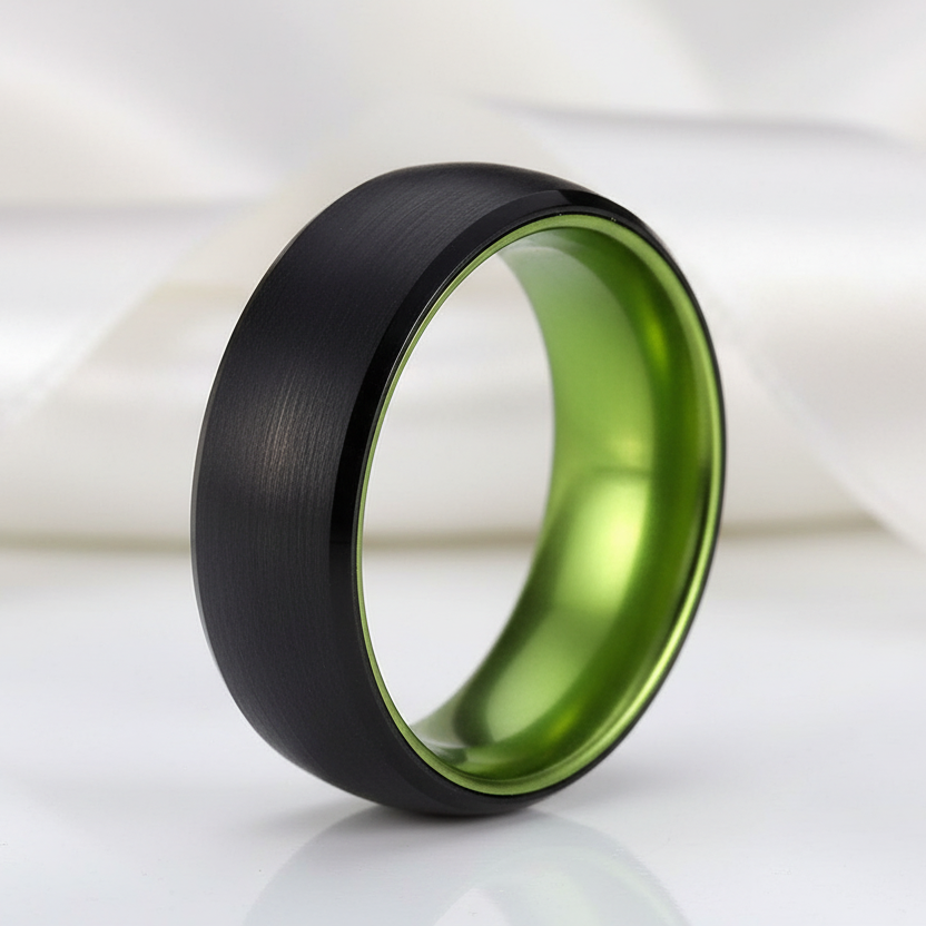 8mm Black Brushed Dome Tungsten Carbide Wedding Band with Inner Green Color-Black Diamonds New York