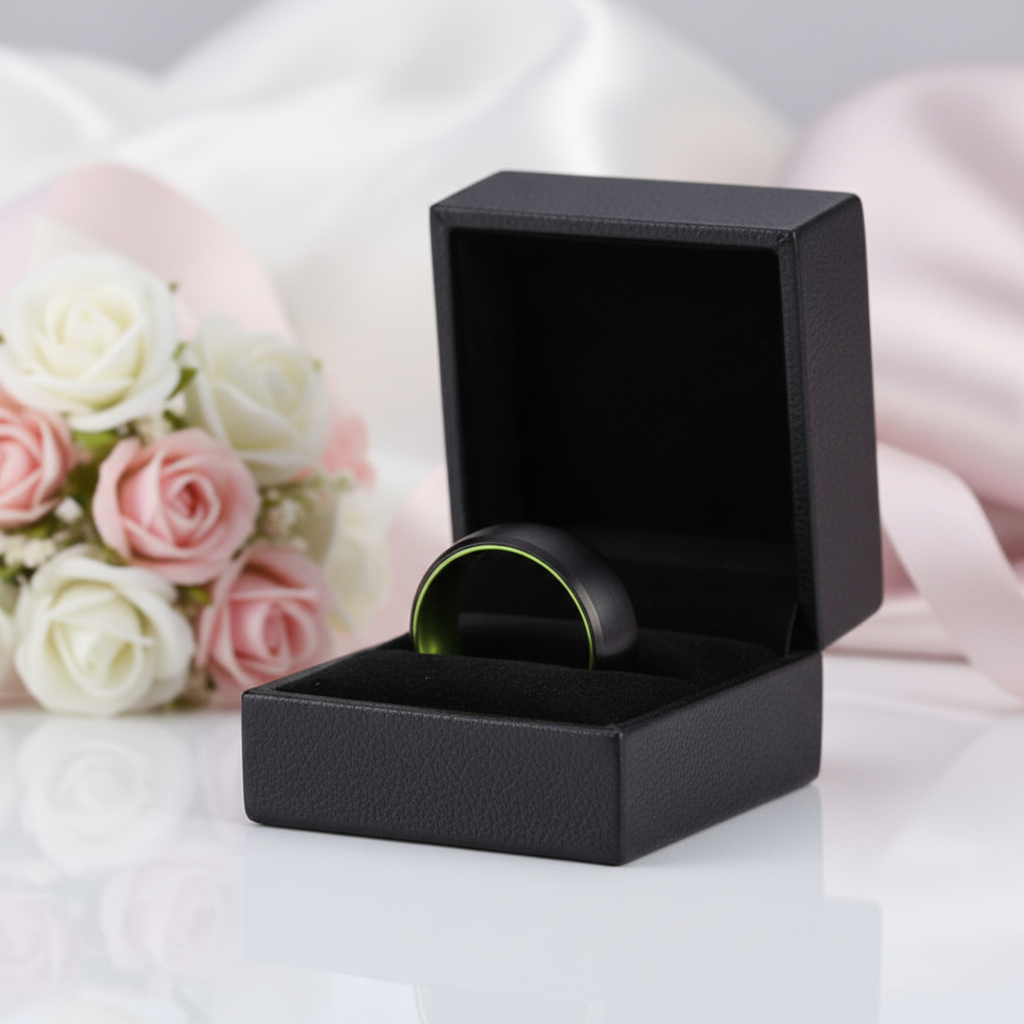 8mm Black Brushed Dome Tungsten Carbide Wedding Band with Inner Green Color-Black Diamonds New York