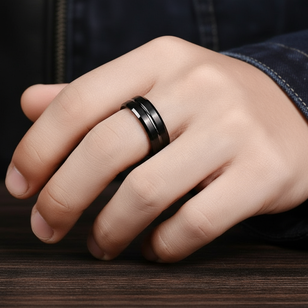 Men's Black Tungsten Carbide 8mm Wedding Band-Black Diamonds New York