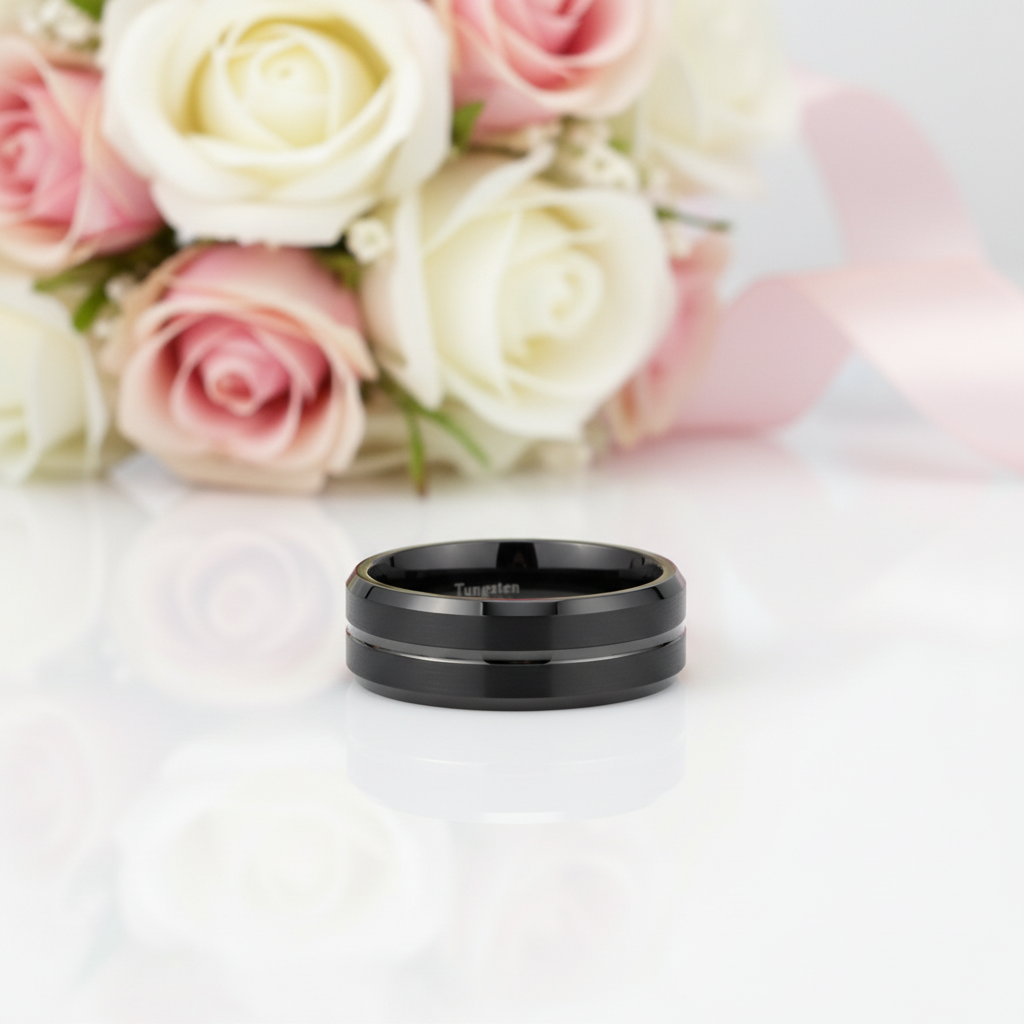 Men's Black Tungsten Carbide 8mm Wedding Band-Black Diamonds New York