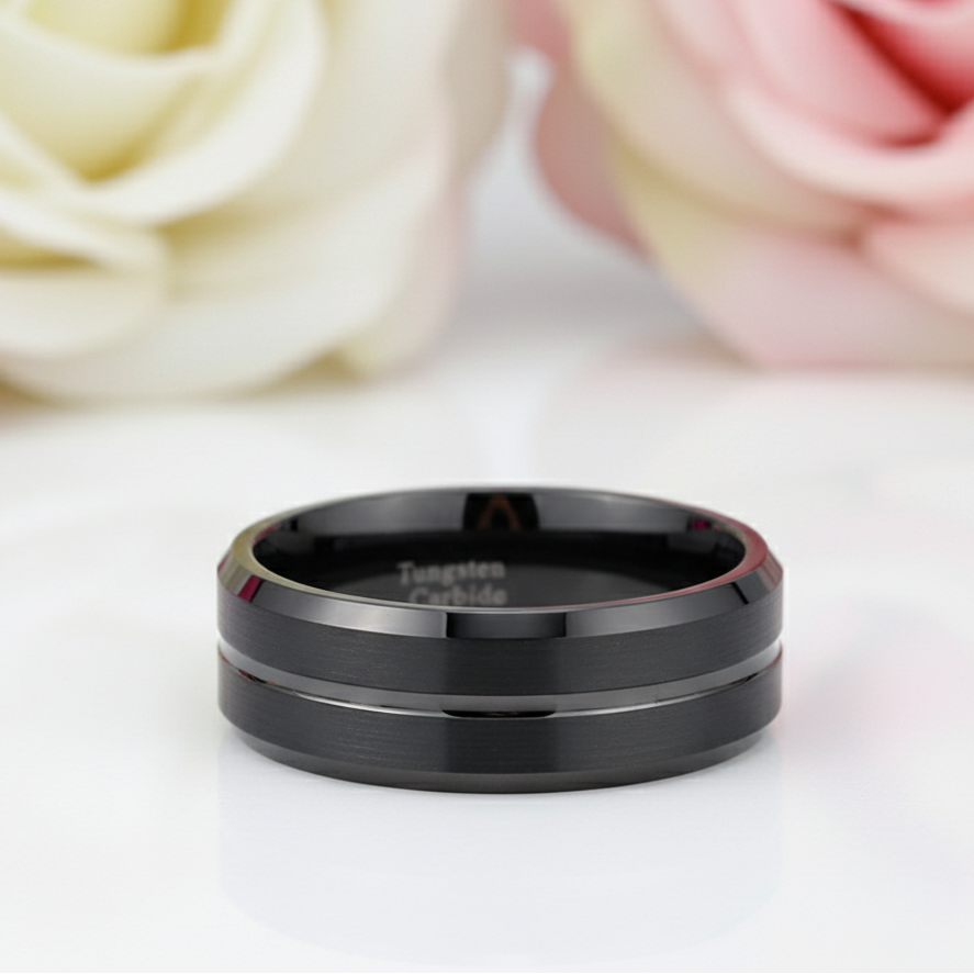 Men's Black Tungsten Carbide 8mm Wedding Band-Black Diamonds New York