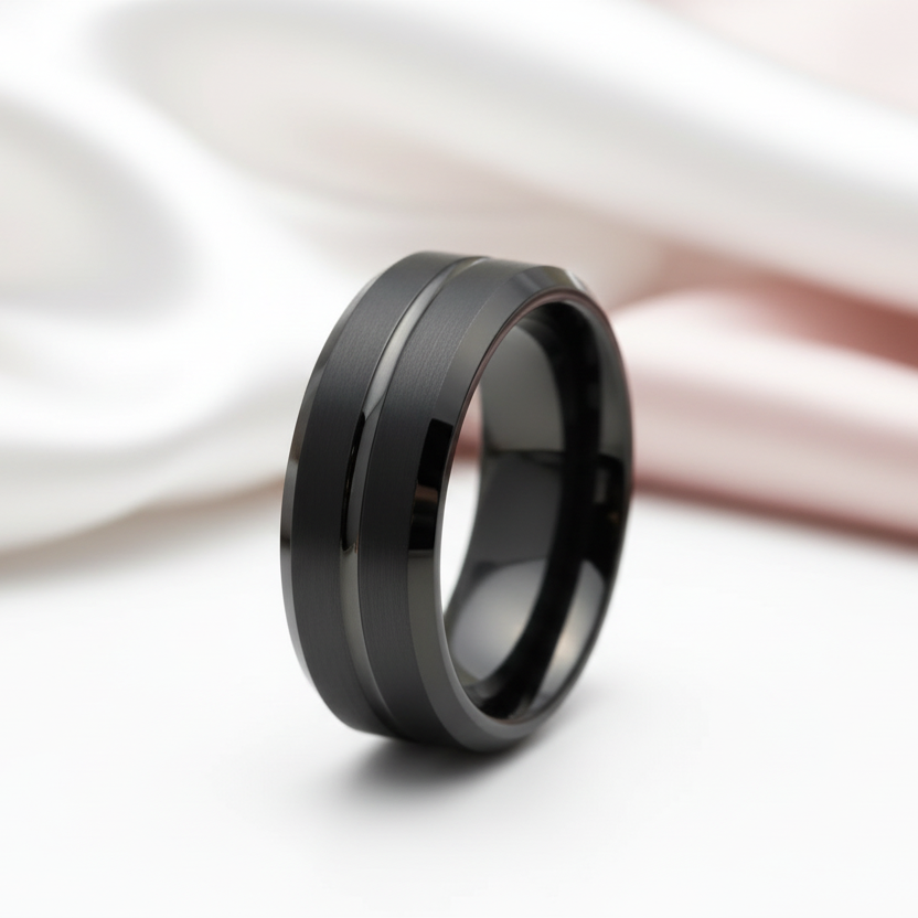 Men's Black Tungsten Carbide 8mm Wedding Band-Black Diamonds New York