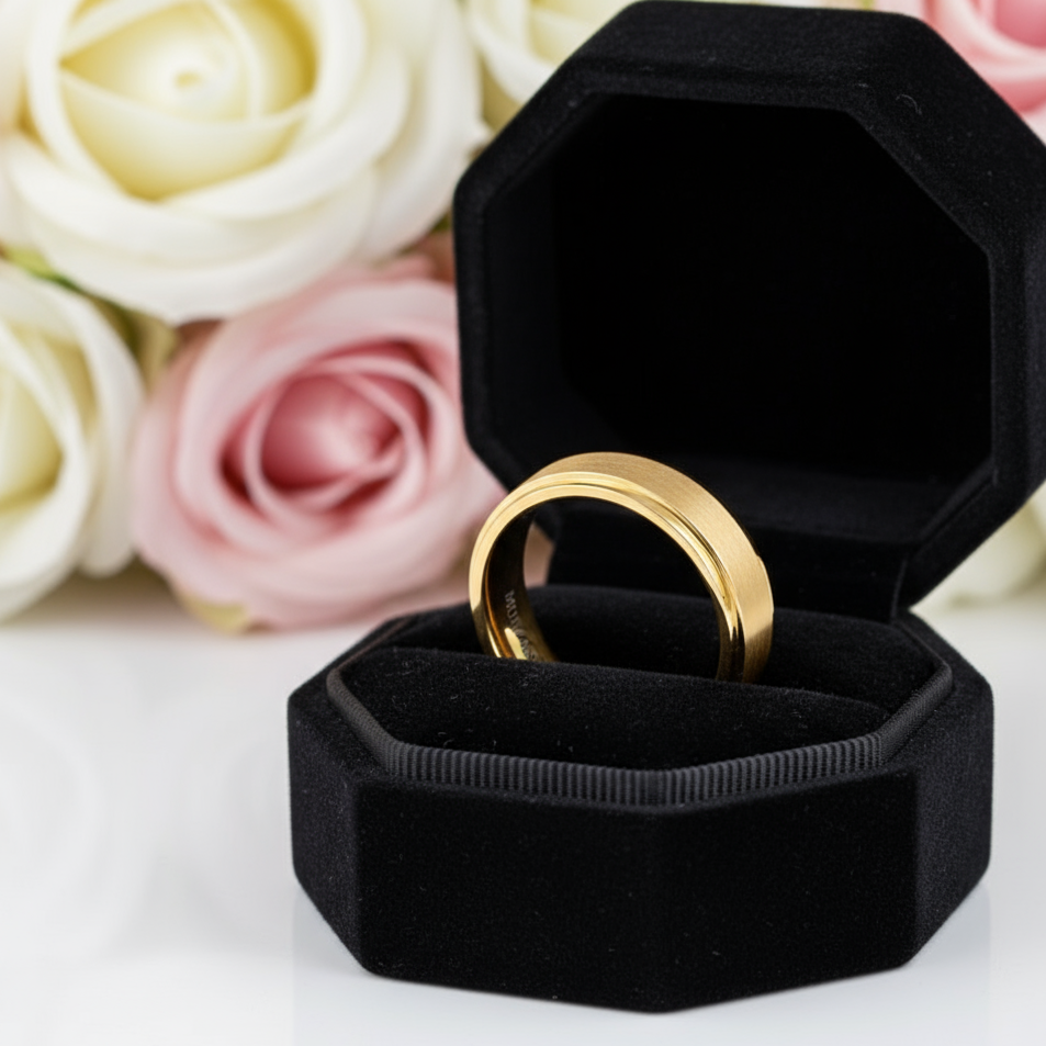 Men's Brushed Yellow Gold Titanium Wedding Band-Black Diamonds New York