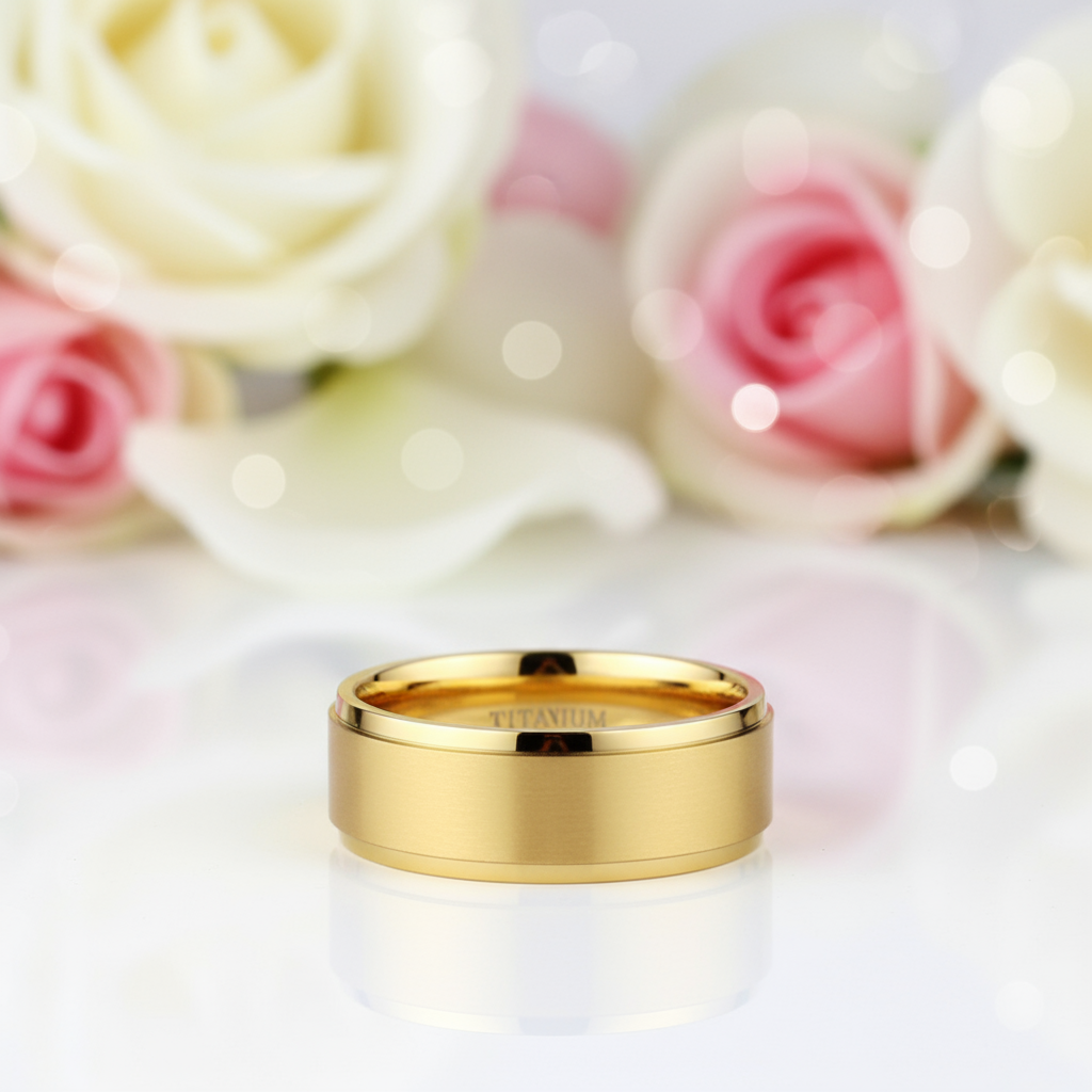 Men's Brushed Yellow Gold Titanium Wedding Band-Black Diamonds New York