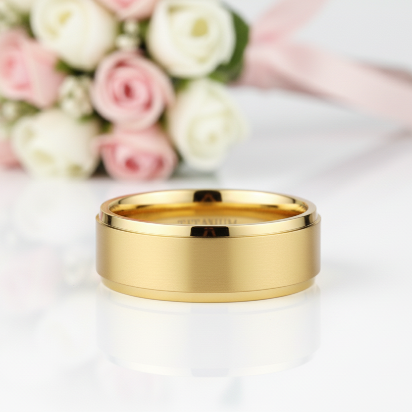 Men's Brushed Yellow Gold Titanium Wedding Band-Black Diamonds New York