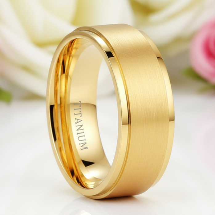Men's Brushed Yellow Gold Titanium Wedding Band-Black Diamonds New York