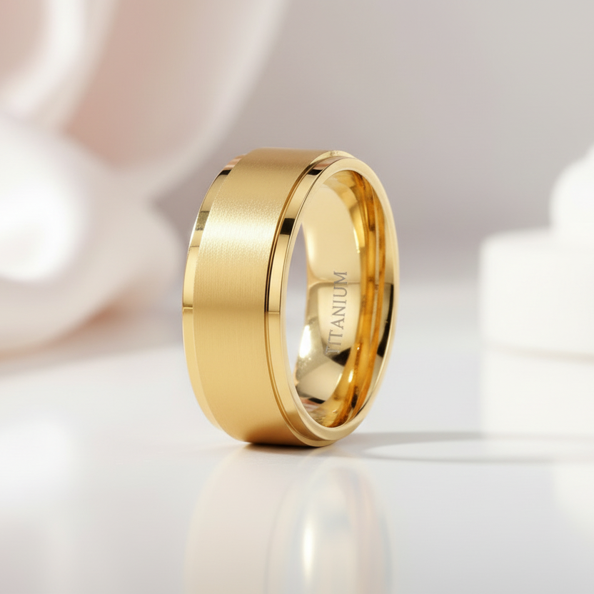 Men's Brushed Yellow Gold Titanium Wedding Band-Black Diamonds New York