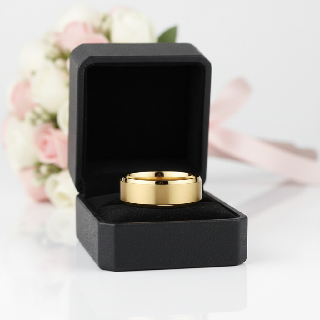 Men's Brushed Yellow Gold Titanium Wedding Band-Black Diamonds New York