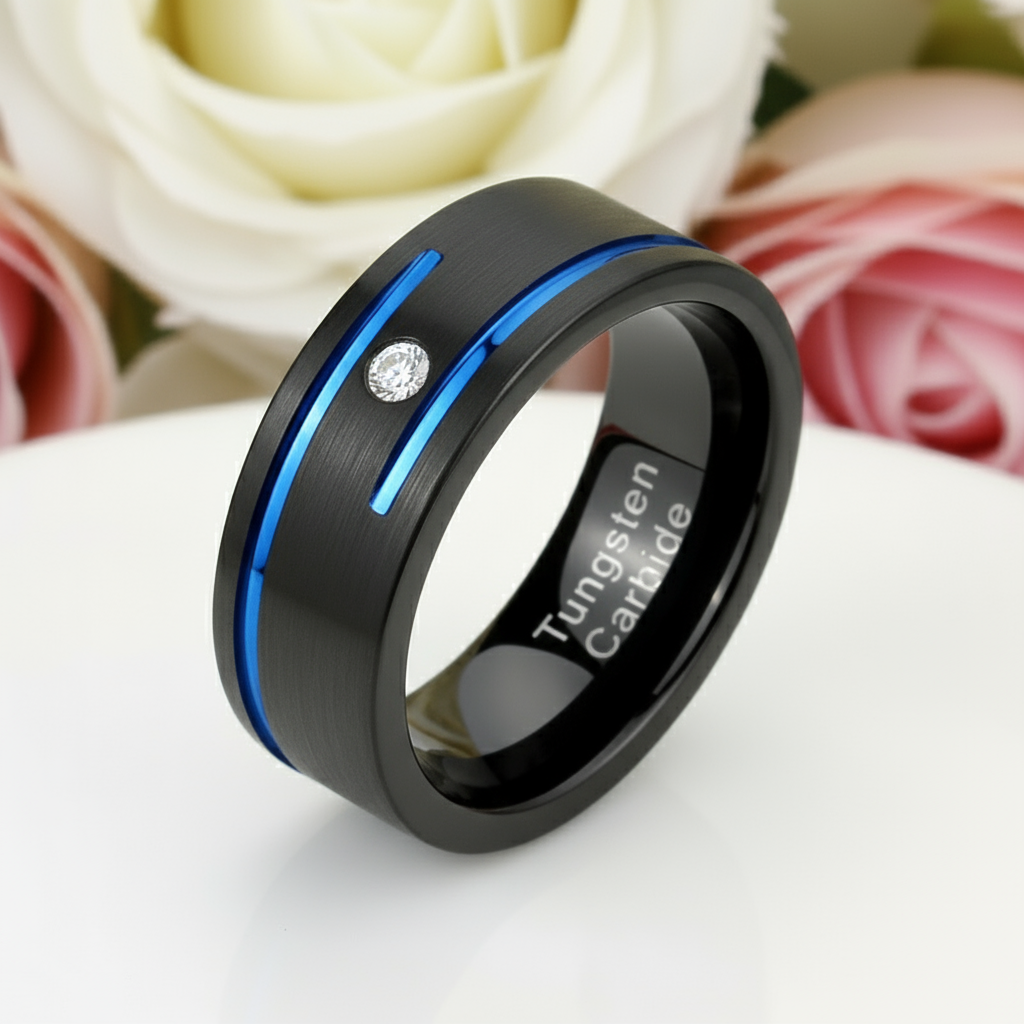 Men's Charm 8mm Black Tungsten Carbide Wedding Band-Black Diamonds New York