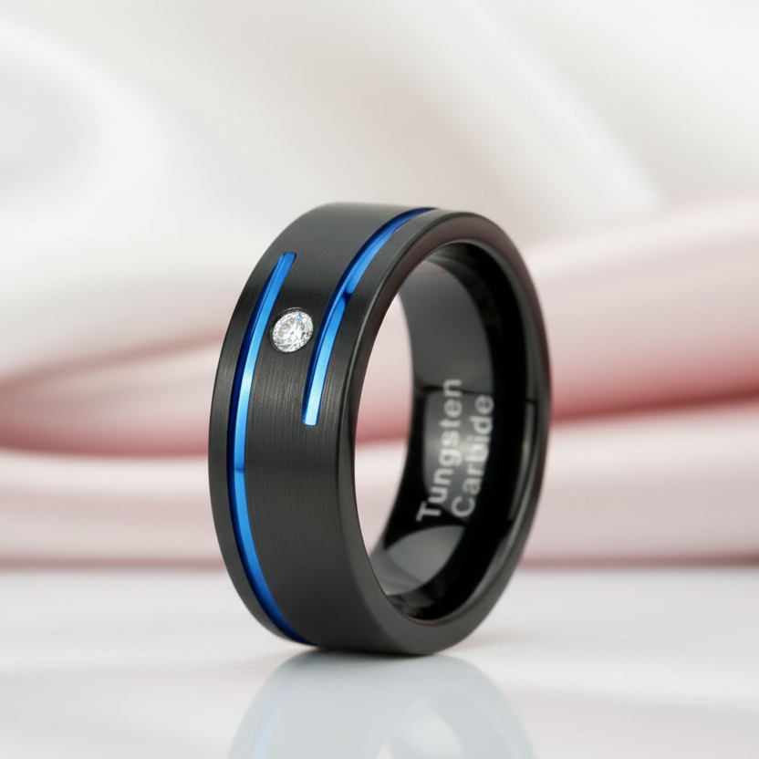 Men's Charm 8mm Black Tungsten Carbide Wedding Band-Black Diamonds New York