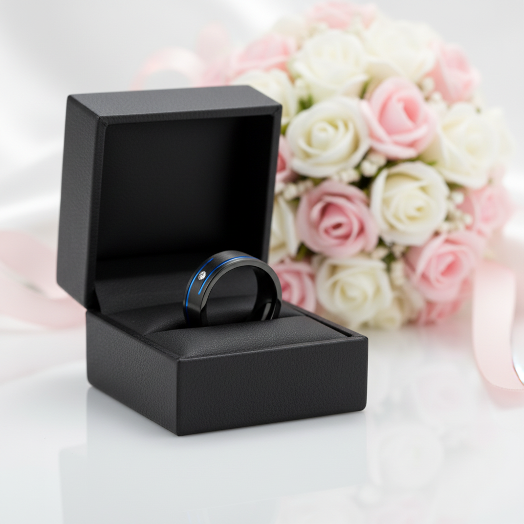 Men's Charm 8mm Black Tungsten Carbide Wedding Band-Black Diamonds New York