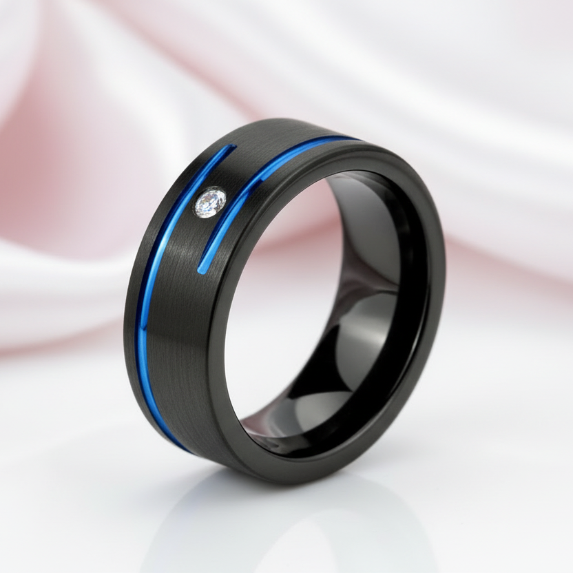 Men's Charm 8mm Black Tungsten Carbide Wedding Band-Black Diamonds New York