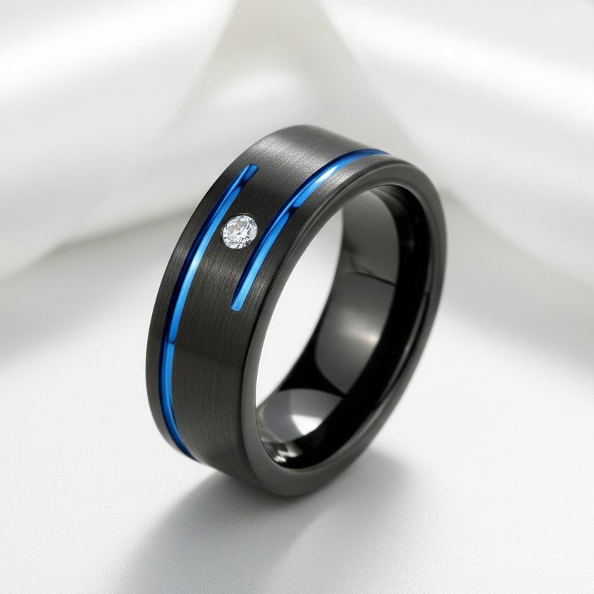 Men's Charm 8mm Black Tungsten Carbide Wedding Band-Black Diamonds New York