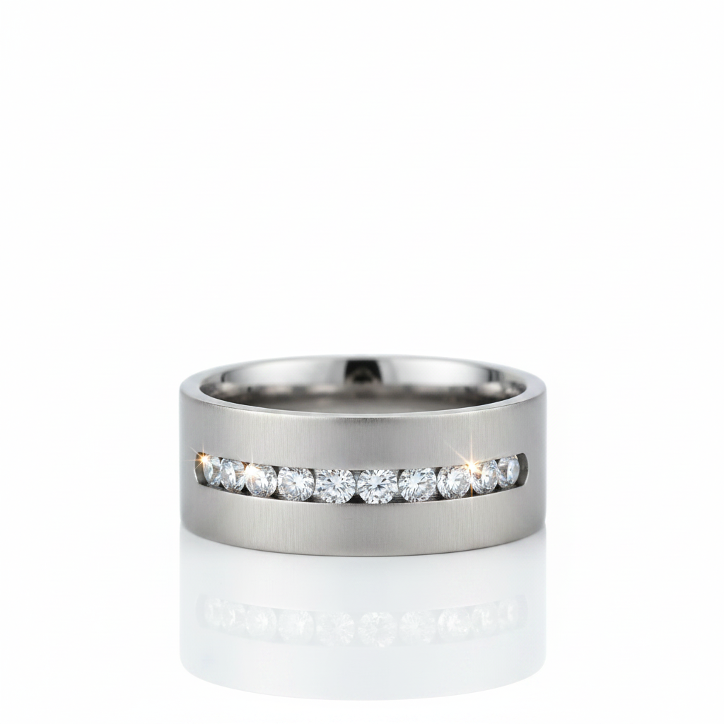 A silver-toned metal band ring featuring a channel-set row of round clear gemstones across the front, photographed on a clean white background with a soft reflection below.