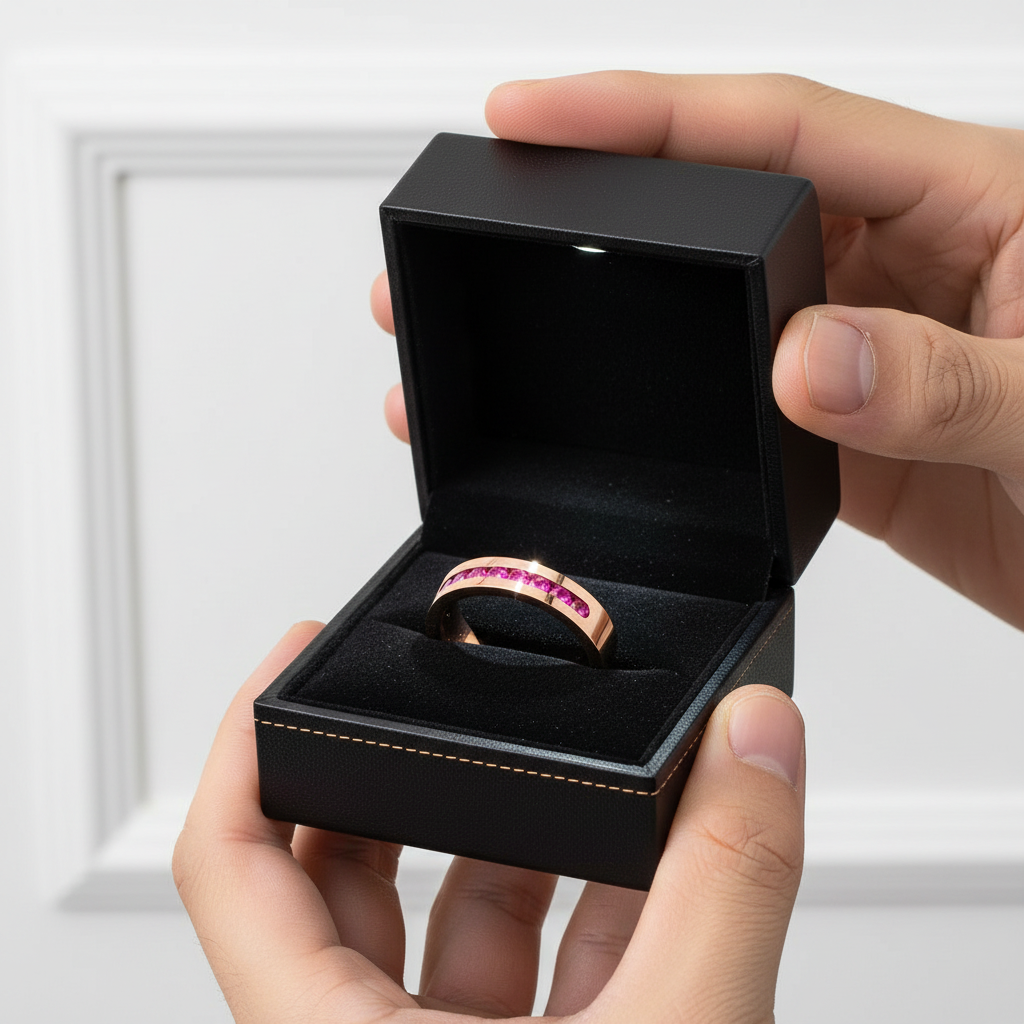 Rose gold ring with gemstones in a black jewelry box held by hands against a white background