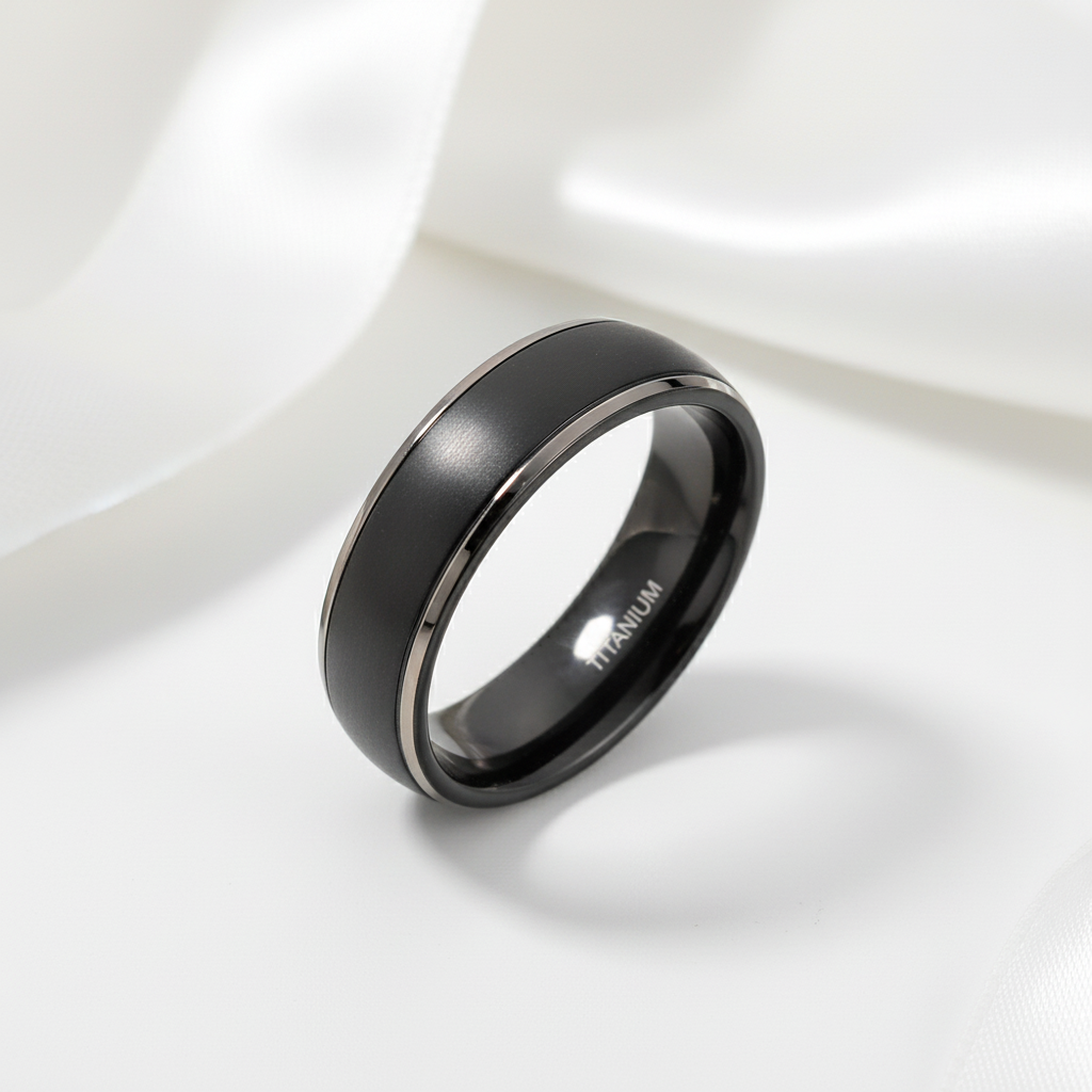 Men's Matte Black Dome Titanium Wedding Band-Black Diamonds New York