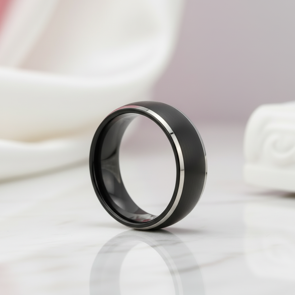 Men's Matte Black Dome Titanium Wedding Band-Black Diamonds New York