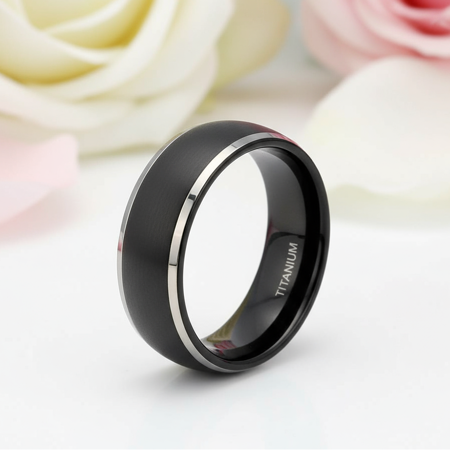 Men's Matte Black Dome Titanium Wedding Band-Black Diamonds New York