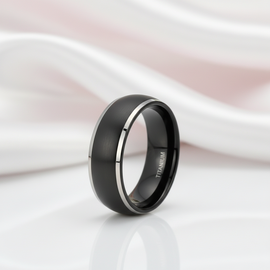 Men's Matte Black Dome Titanium Wedding Band-Black Diamonds New York