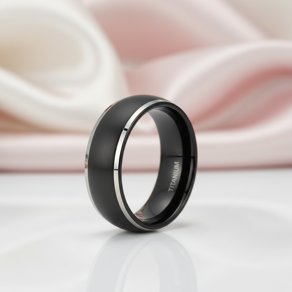 Men's Matte Black Dome Titanium Wedding Band-Black Diamonds New York
