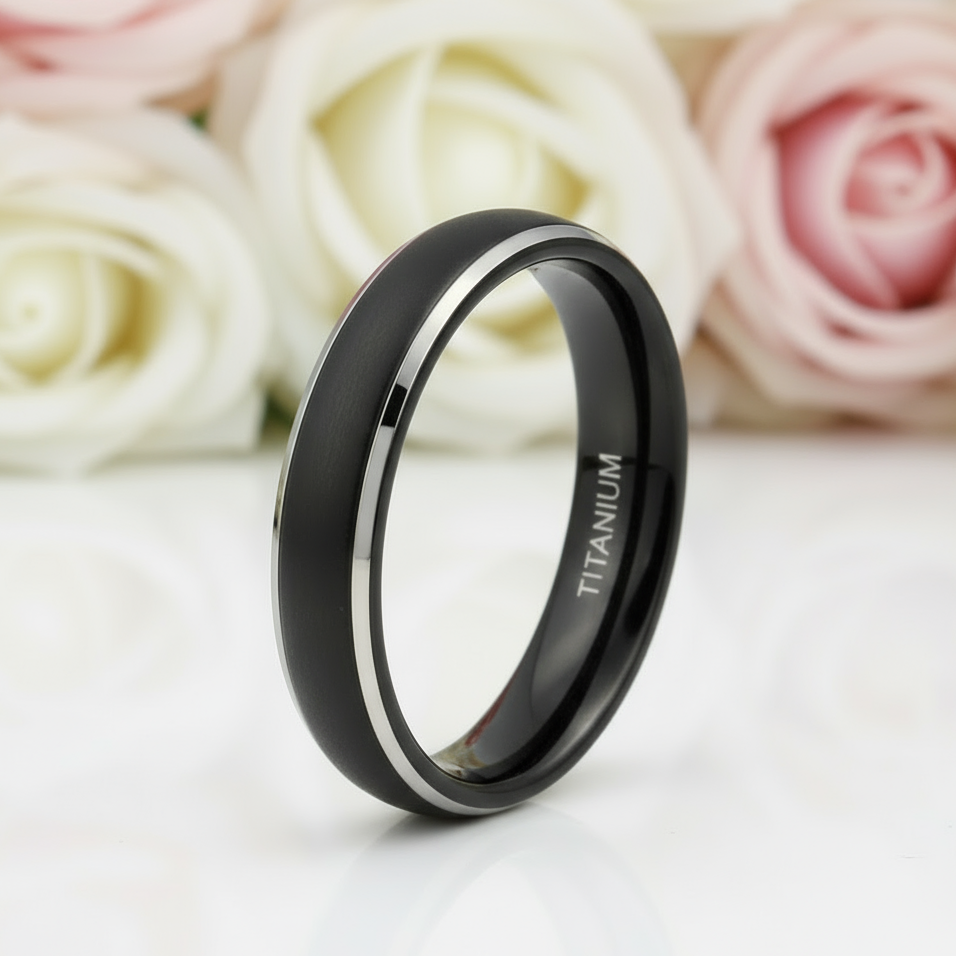 Men's Matte Black Dome Titanium Wedding Band-Black Diamonds New York
