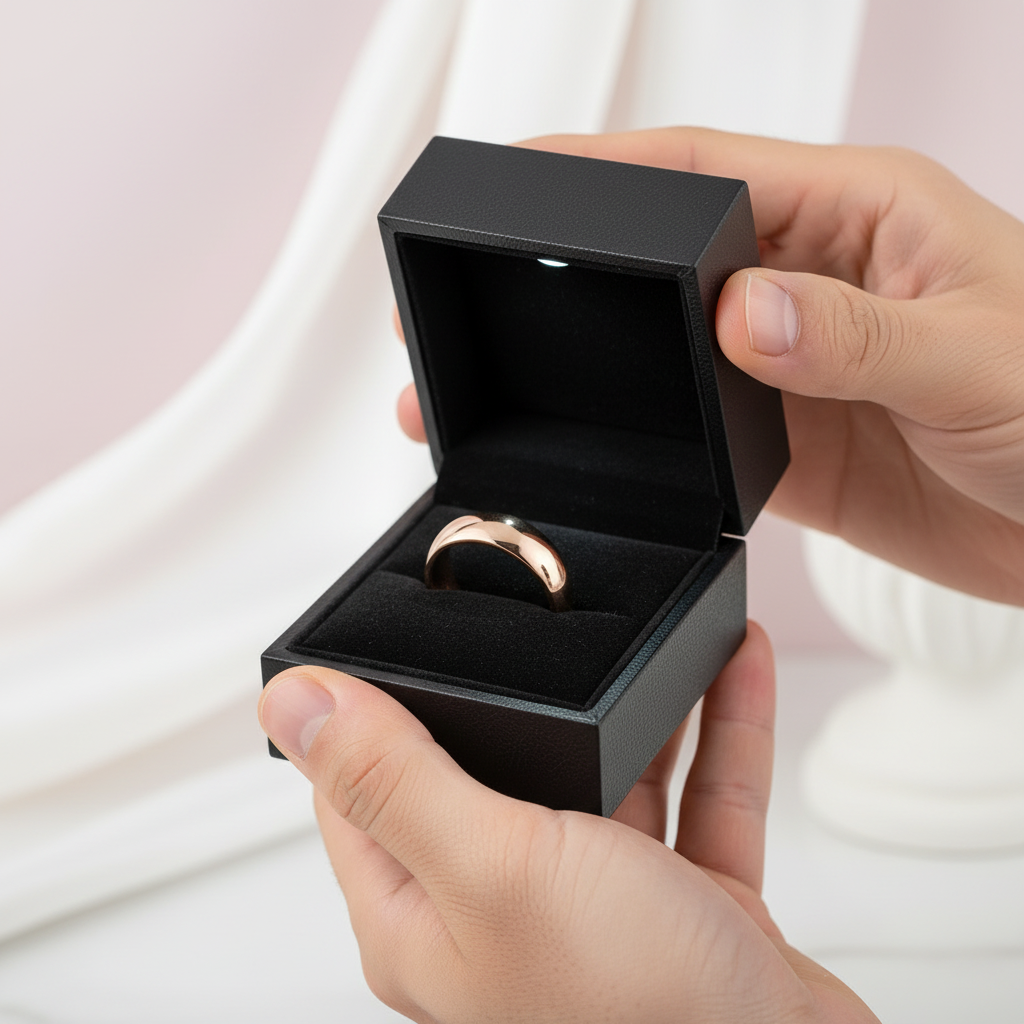Rose gold ring in a black box held by hands against a light background