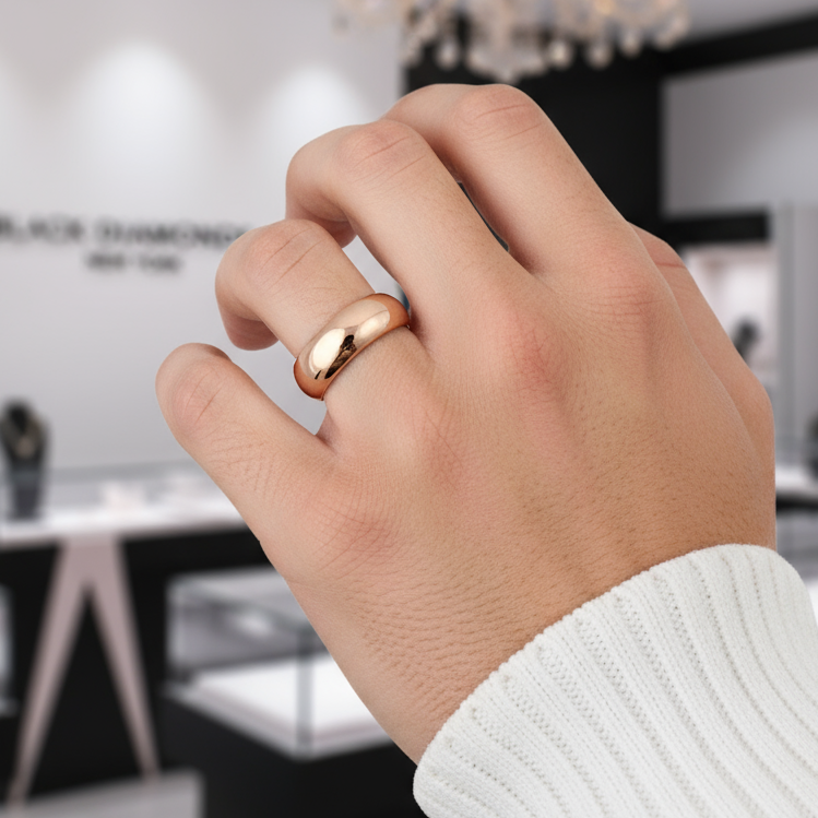 Men's Titanium Rose Gold Dome Wedding Band-Black Diamonds New York